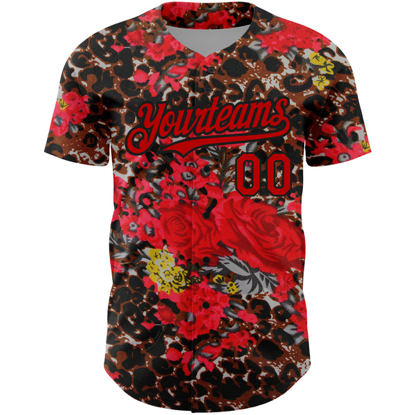 Custom Black Red 3D Pattern Design Northeast China Big Flower And Leopard Print Authentic Baseball Jersey