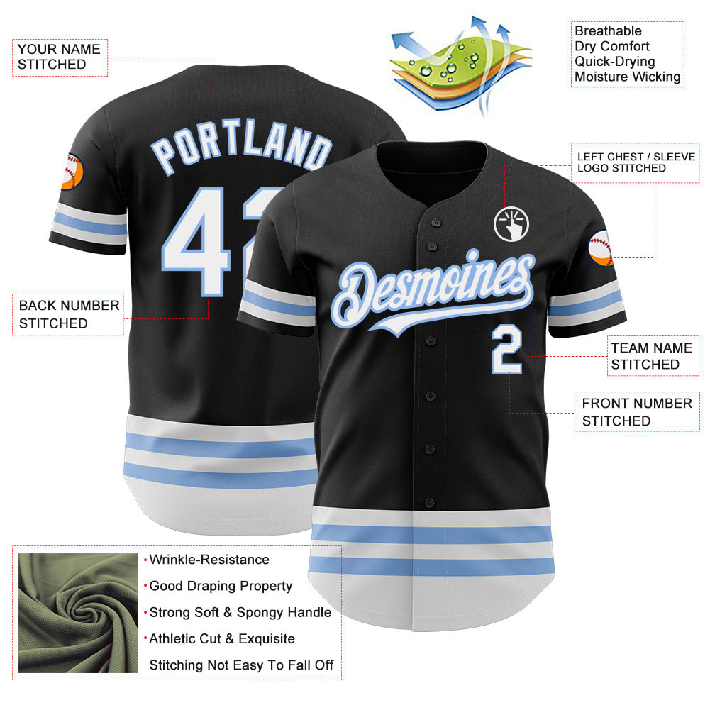 Custom Sky Blue & Black Double Stripe Fan Baseball Jersey