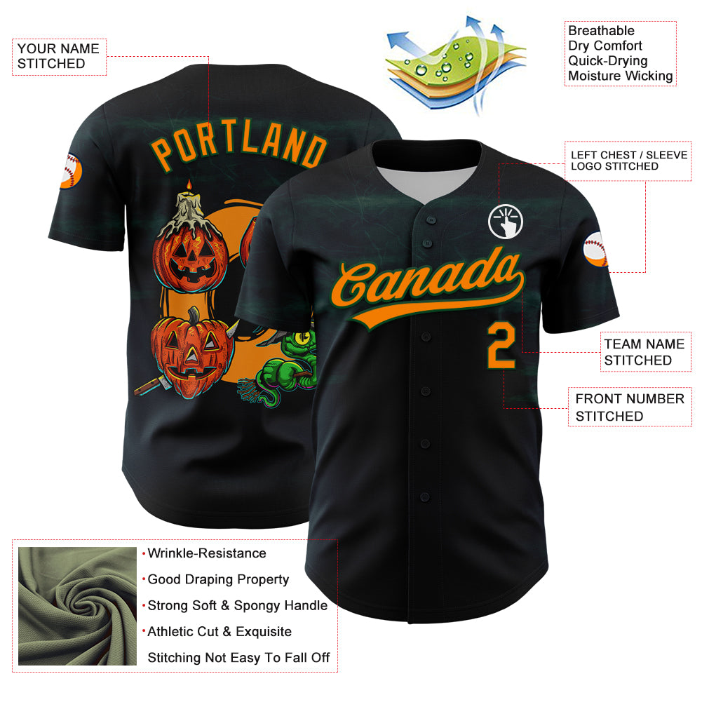 Custom Black Bay OrangeGreen 3D Halloween Authentic Baseball Jersey