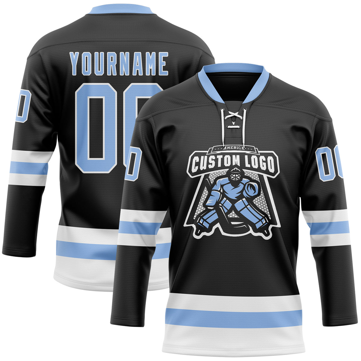 Custom Black Light Blue White Hockey Lace Neck Jersey Free Shipping Fiitg 