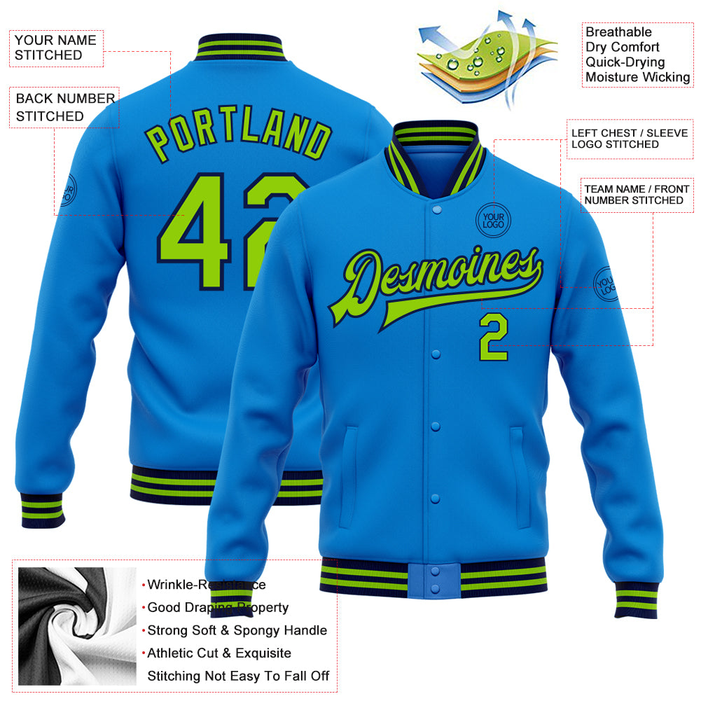 Custom Neon Green Navy-White Grid Varsity Full-Zip Color Block Letterman Raglan Sleeve Jacket