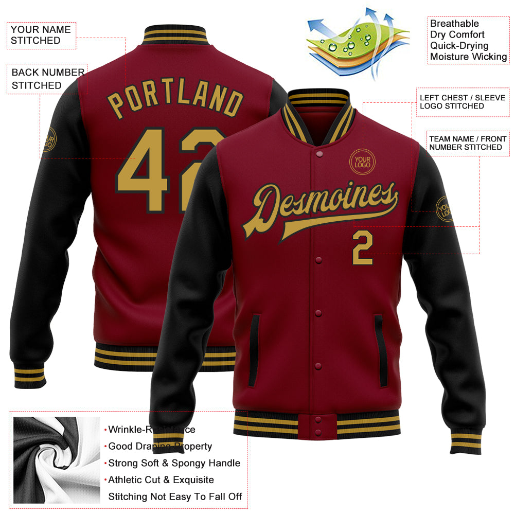 Custom Crimson Old Gold Black Bomber Full Snap Varsity Letterman Two custom-crimson-old-gold-black-bomber-full-snap-varsity-letterman-two