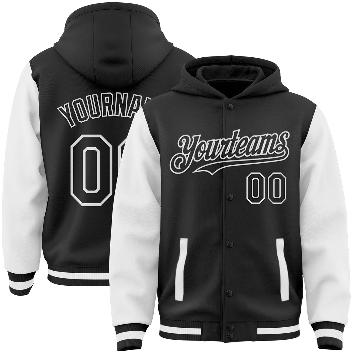 Custom Black White Bomber Full Snap Varsity Letterman Two Tone Hoodie 
