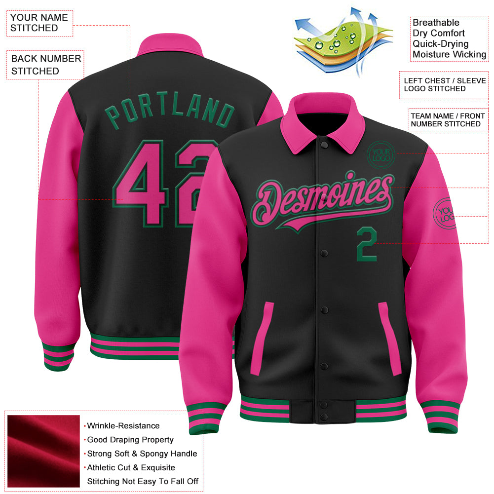 Custom Gray Pink K-Ribbon Raglan Sleeves Varsity Full-Snap Color Block Letterman Jacket