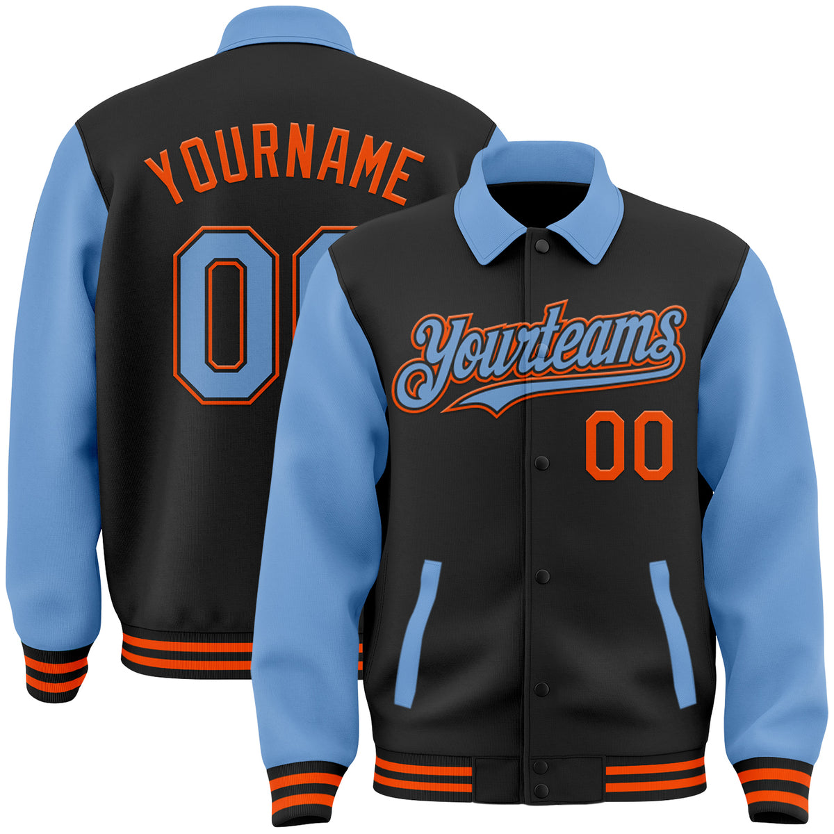 Custom Black Light Blue-Orange Bomber Full-Snap Varsity Letterman Two ...