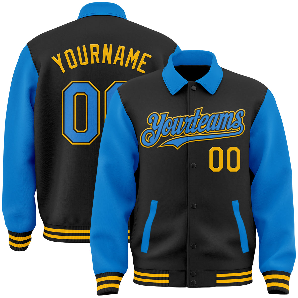 Custom Black Powder Blue Varsity Full-Snap Color Block Personalized Raglan Sleeves Letterman Jacket