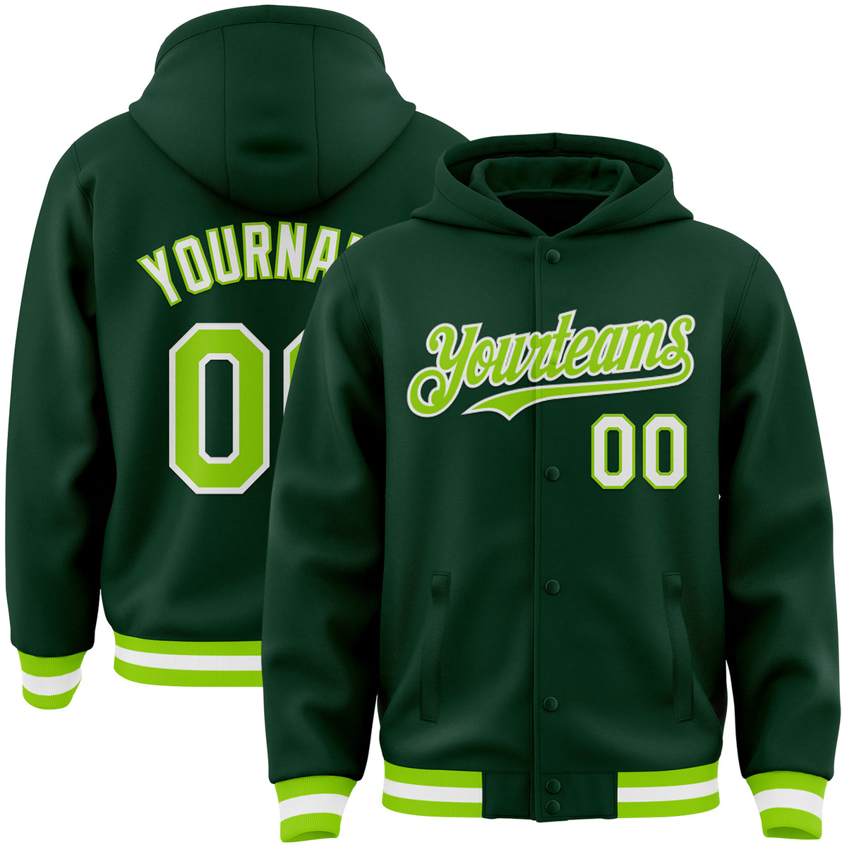 Custom Red Green Varsity Full-Snap Letterman Shoulder Color Block Jacket Hoodie