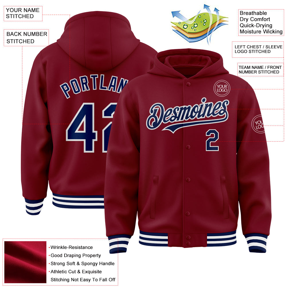 Custom Crimson Navy-White Bomber Full-Snap Varsity Letterman Hoodie ...