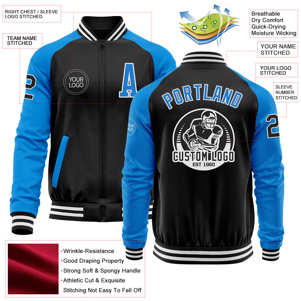 Custom Black Powder Blue Varsity Full-Snap Color Block Personalized Raglan Sleeves Letterman Jacket main image 1