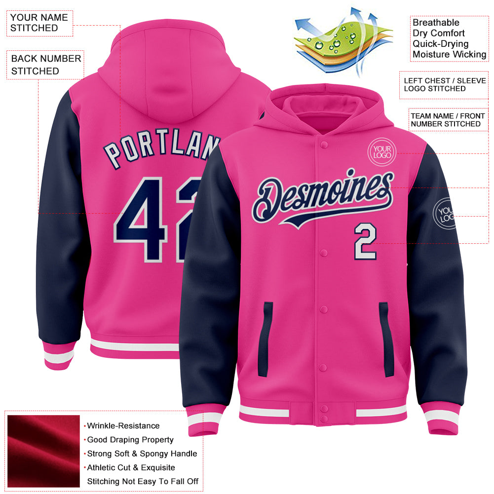 Custom Pink White Split Varsity Full-Zip Two Tone Letterman Bomber Jacket