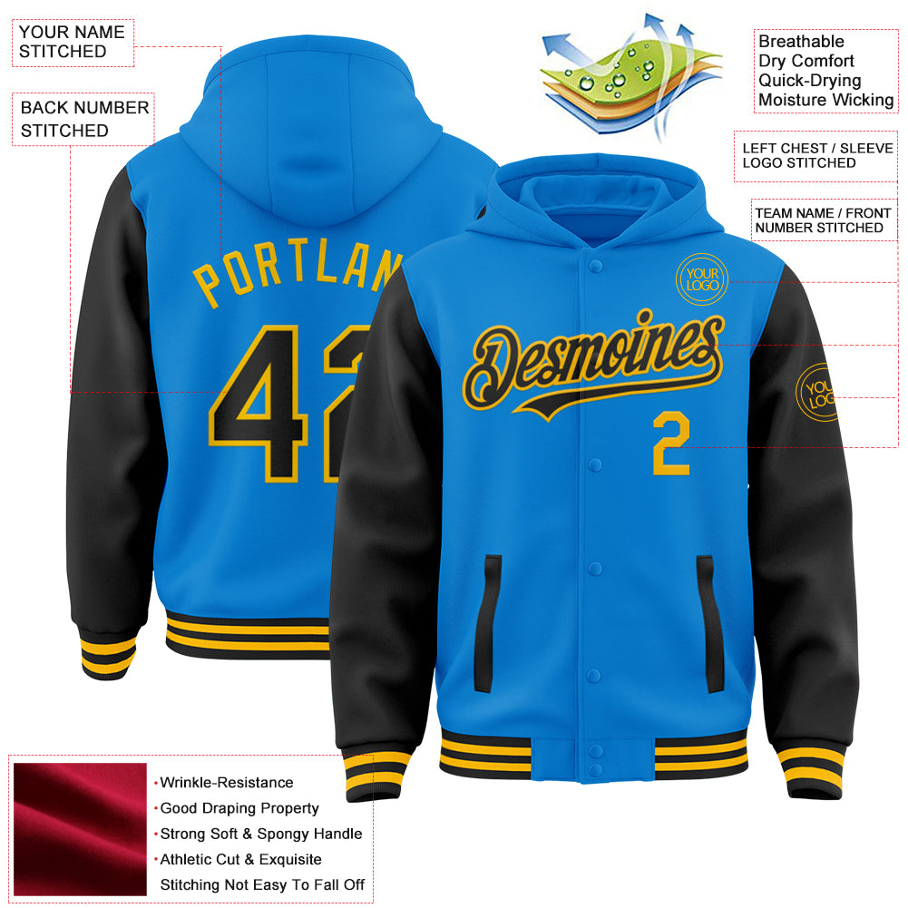 Custom Gold Pink-Powder Blue Varsity Full-Zip Raglan Sleeves Letterman Bomber Jacket main image 1