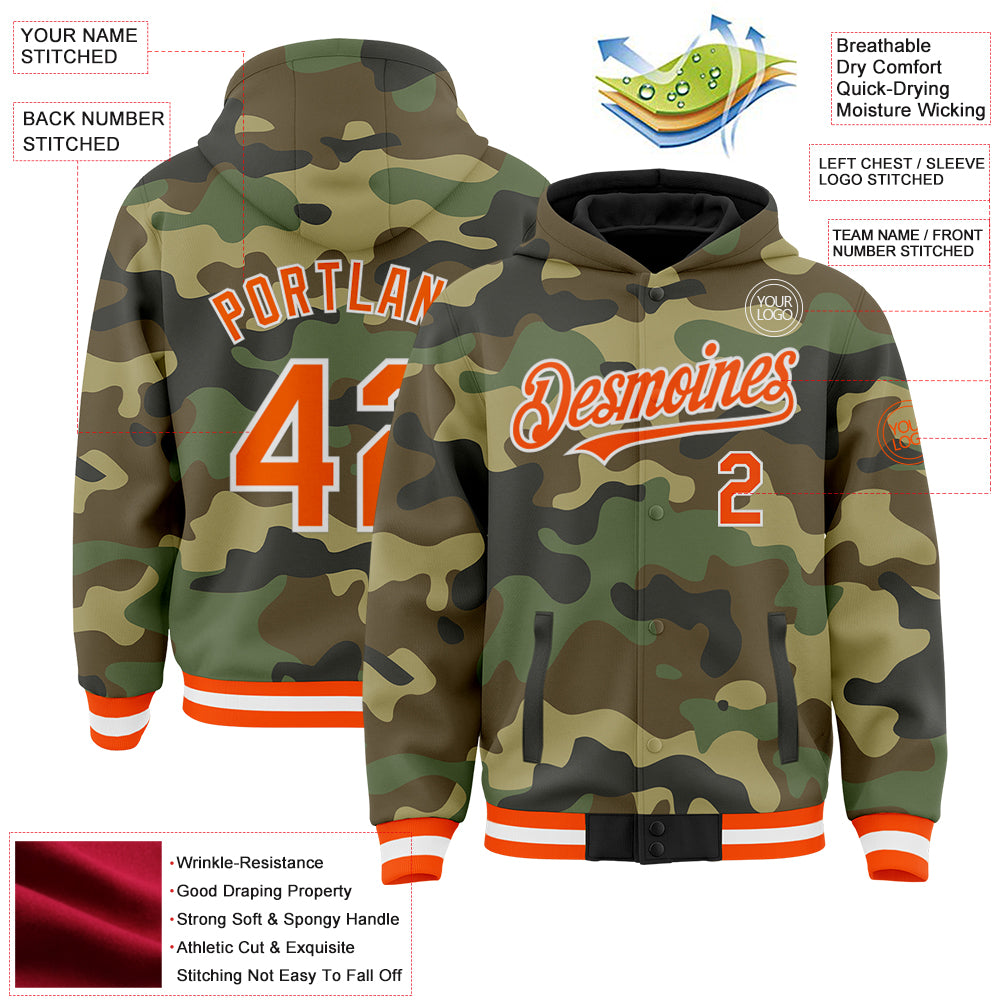 Custom Orange 3D Flame Varsity Full-Zip Letterman Bomber Jacket main image 0