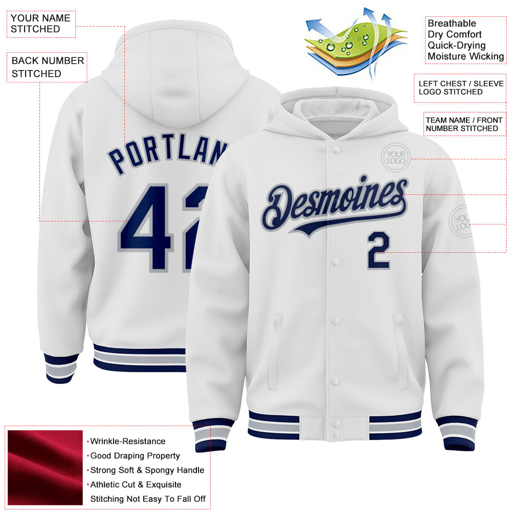 Custom Royal White-Gray Color Block Bomber Varsity Full-Snap Baseball Jacket