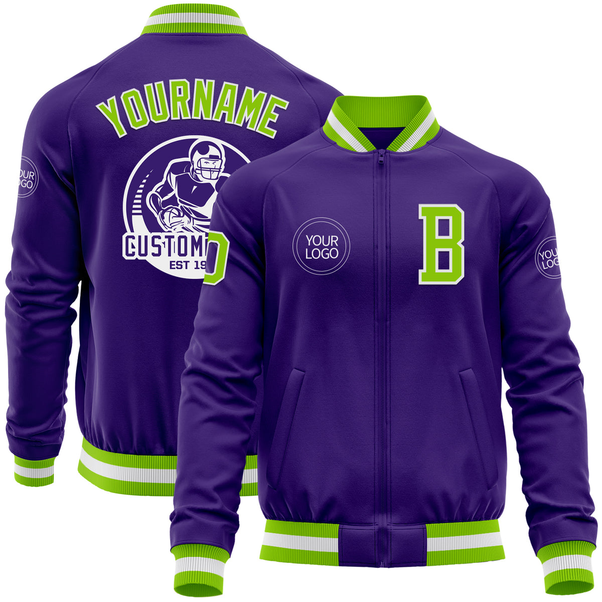 Custom Purple Black-White Varsity Full-Zip Raglan Sleeves Letterman Bomber Jacket main image 0