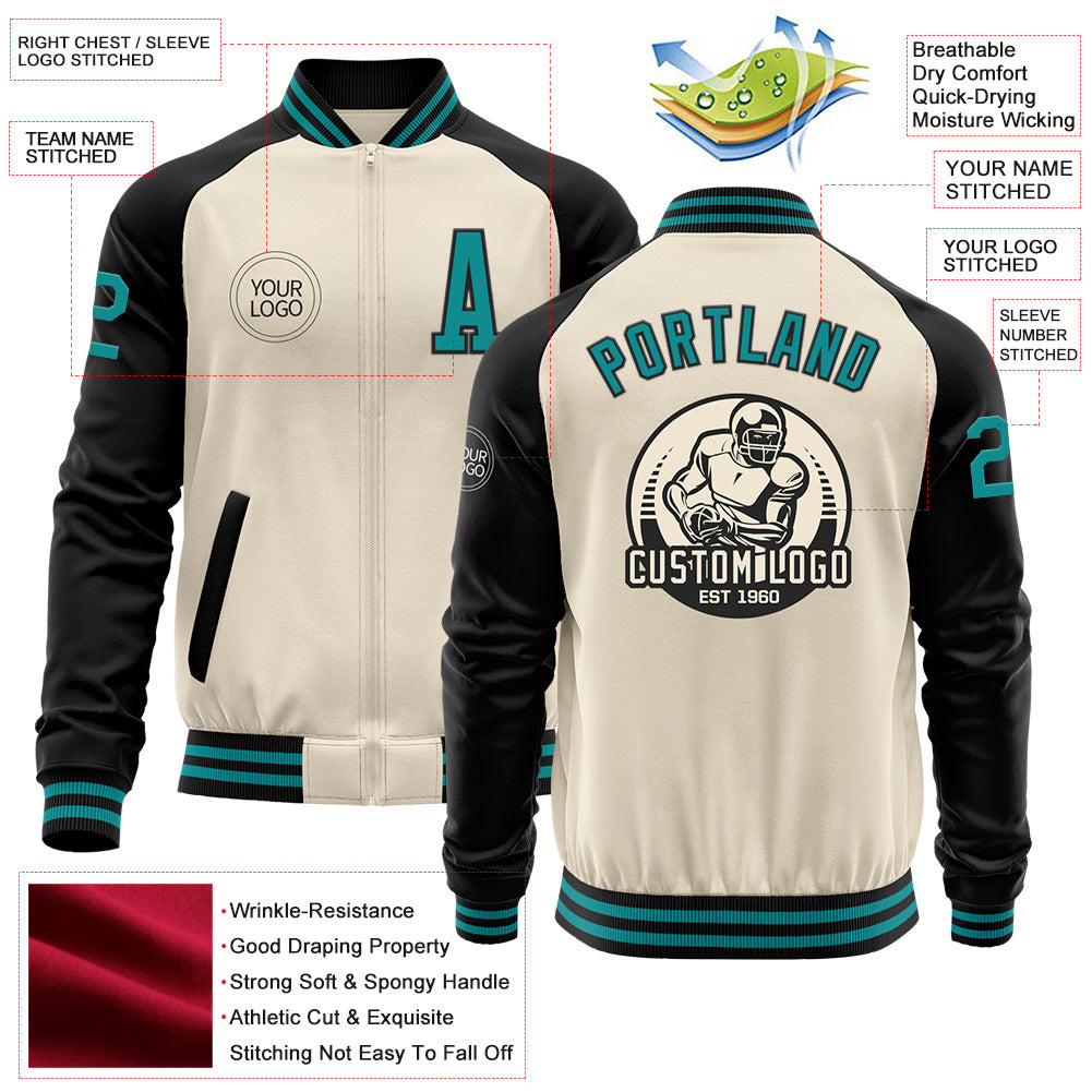 Custom Cream Orange-Black Varsity Full-Zip Letterman Bomber Jacket