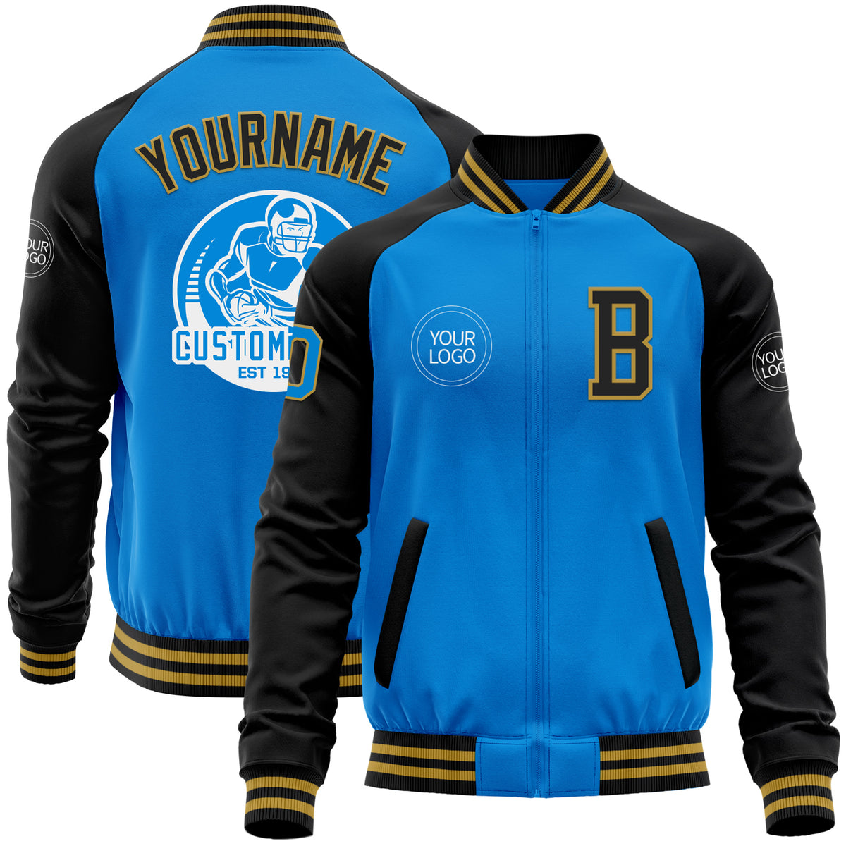 Custom Powder Blue Red-Navy Varsity Full-Zip Letterman Bomber Jacket