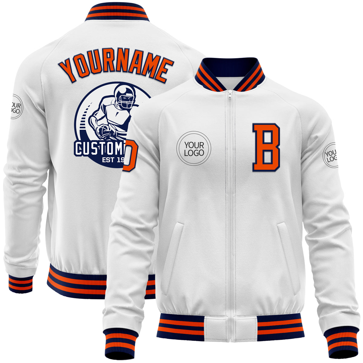 Custom Orange Navy-White Color Block Bomber Varsity Baseball Jacket