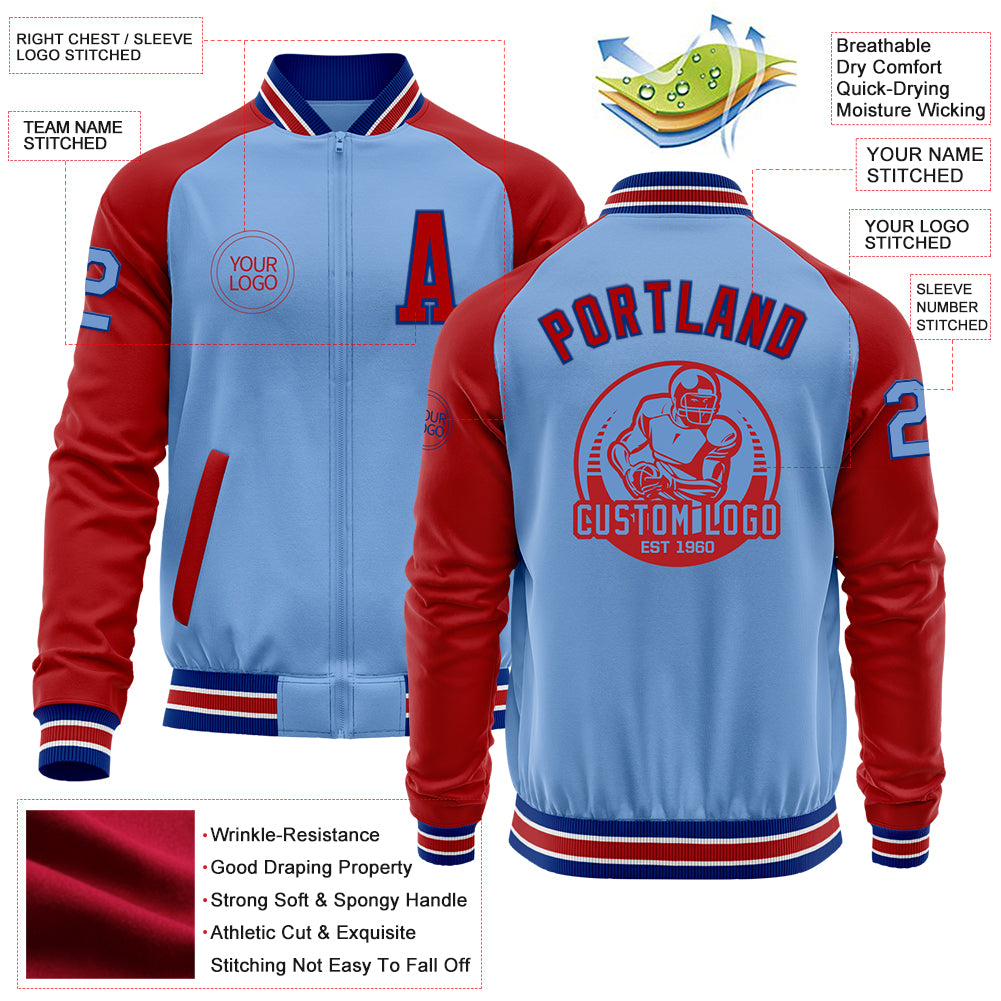 Custom Light Blue Royal-White Varsity Full-Zip Gradient Fashion Letterman Bomber Jacket main image 1