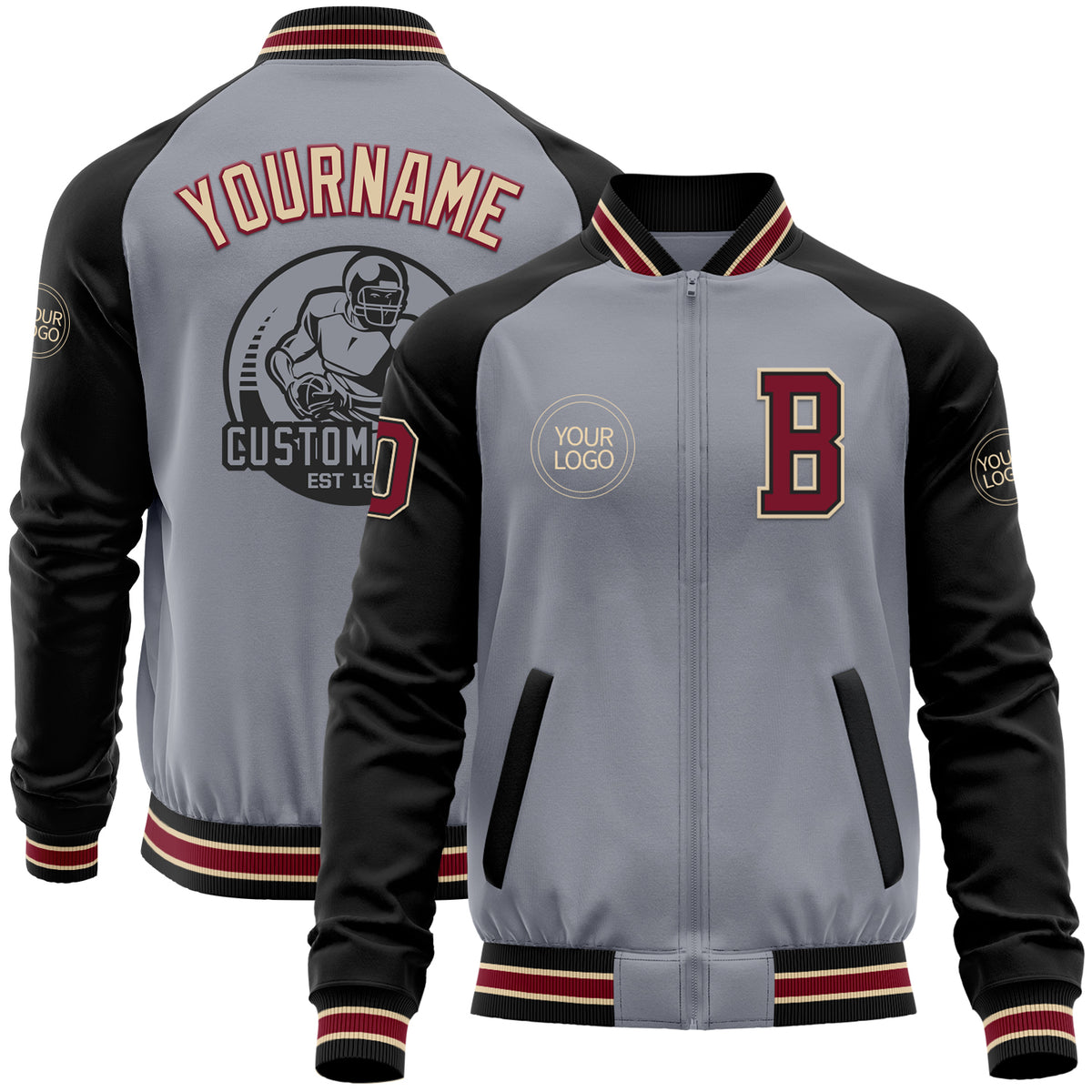 Custom Crimson Khaki Grid Varsity Full-Zip Color Block Letterman Bomber Jacket