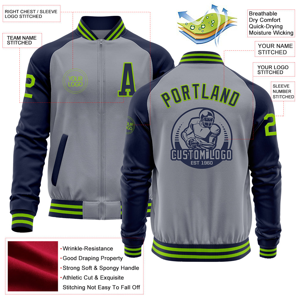 Custom Navy Neon Green-White Varsity Full-Zip Color Block Letterman Bomber Jacket