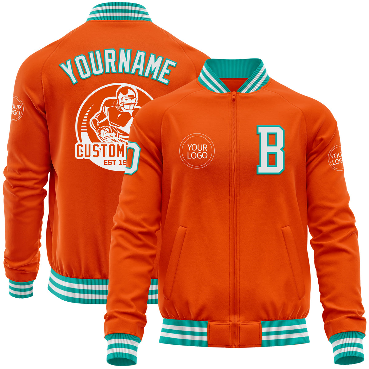Custom Orange Aqua Raglan Sleeves Varsity Full-Snap Pinstripe Letterman Baseball Jacket