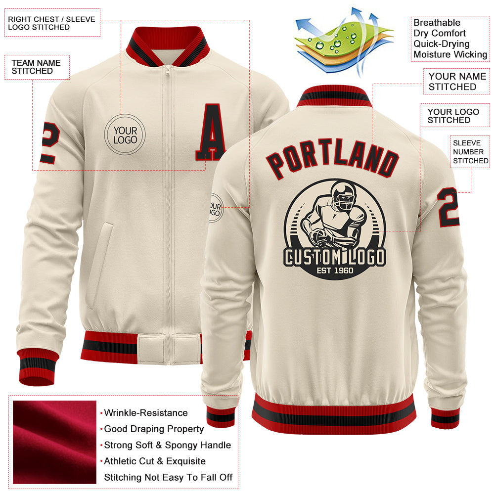 Custom Cream Red Solid Color Varsity Letterman Jacket