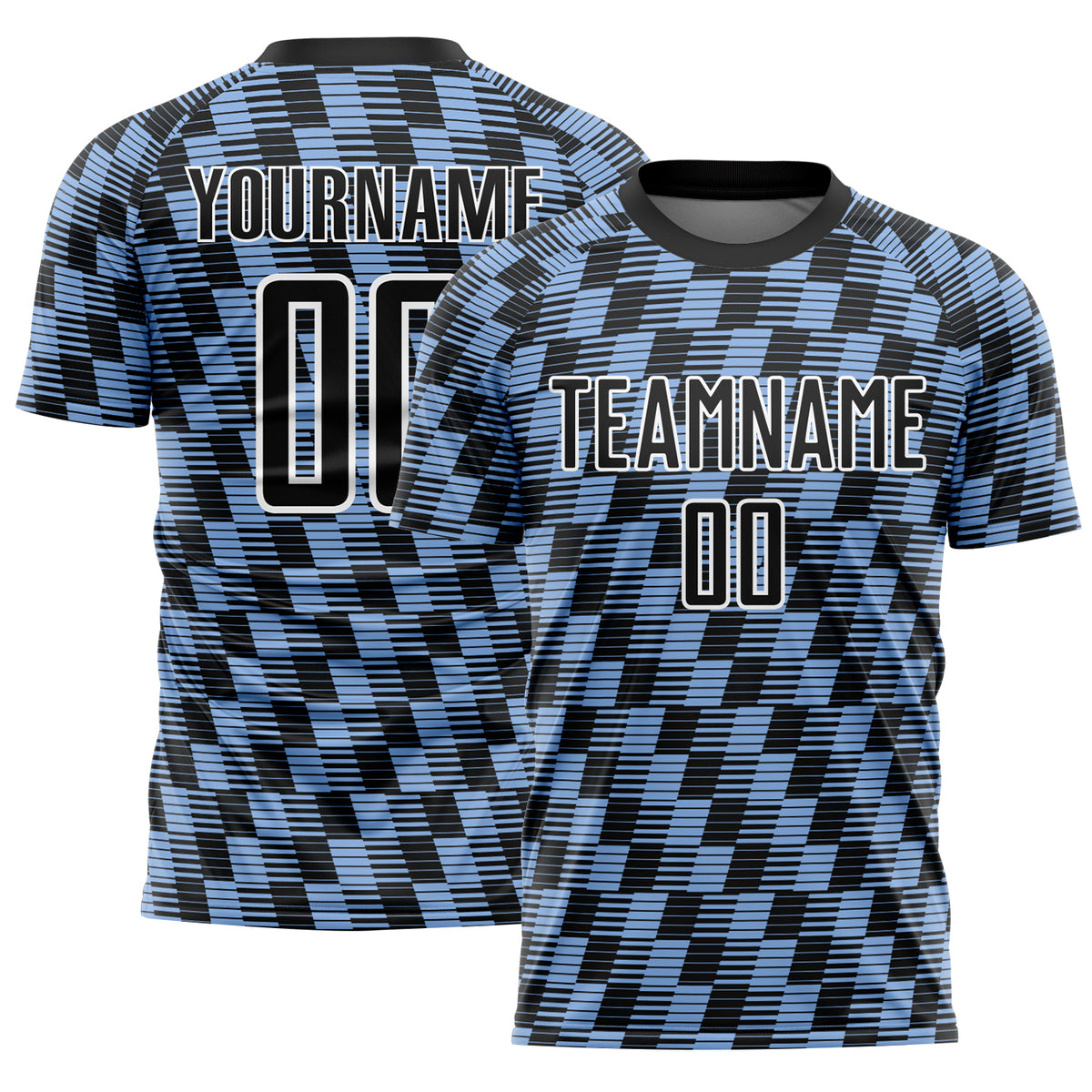 Custom Black Light Blue White Line Sublimation Soccer Uniform Jersey 