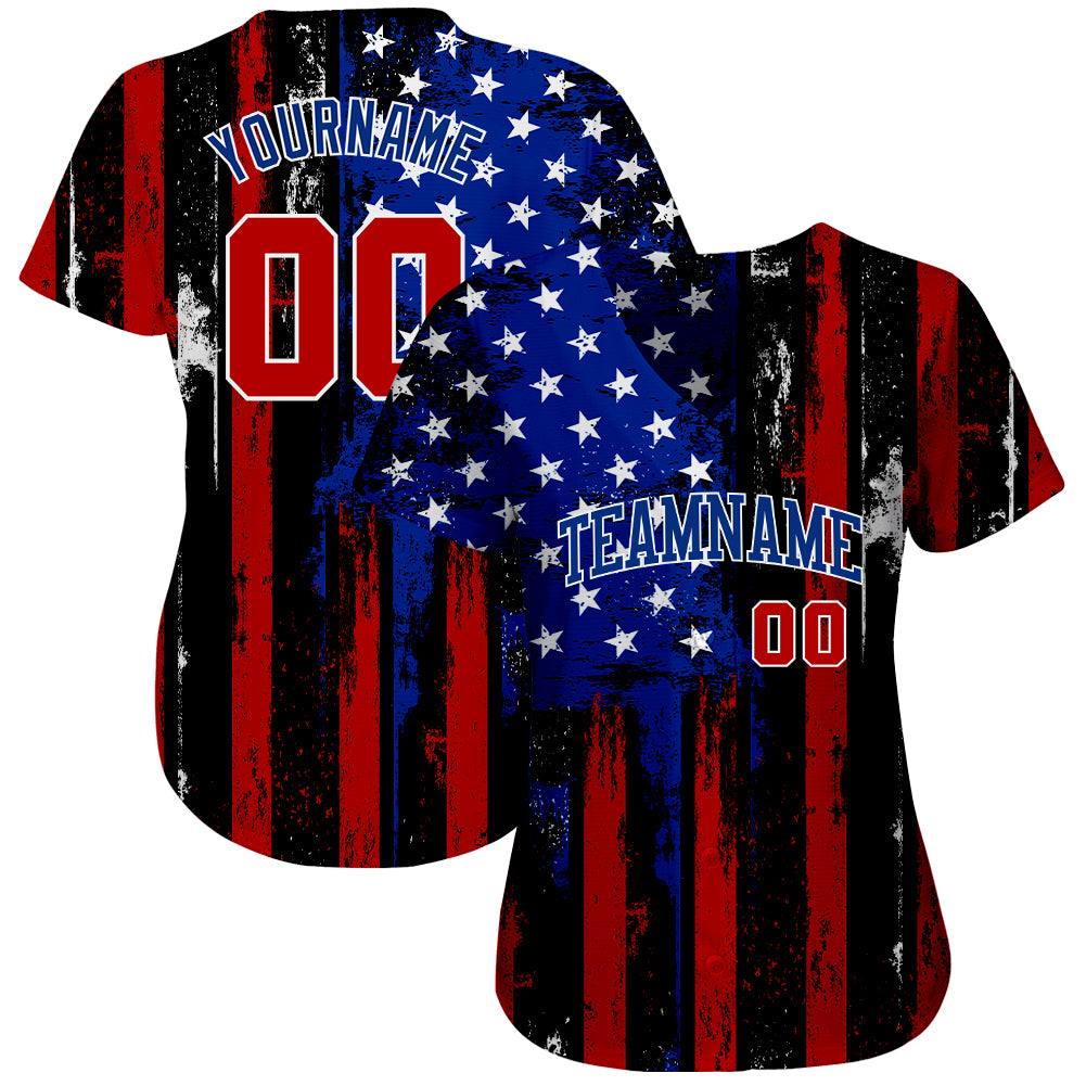 Custom Baseball Jersey Black Red Royal-White 3D Distressed American Flag Authentic Men's Size:XL