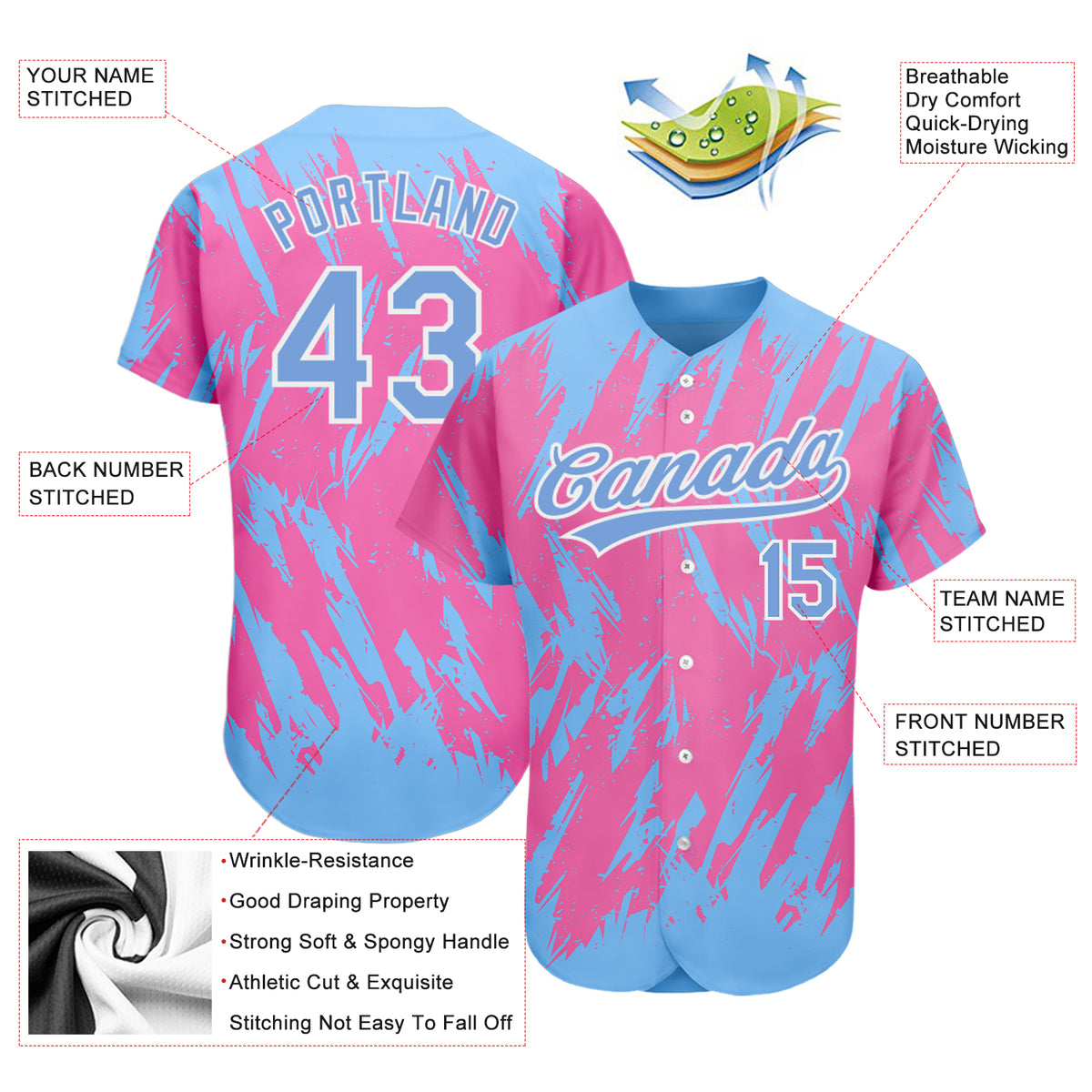 Custom Pink Light Blue-White 3D Pattern Design Authentic Baseball