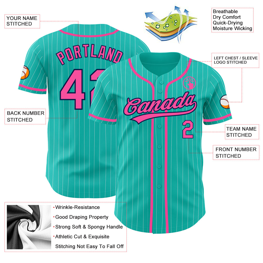 Custom Aqua White Pinstripe Pink-Navy Authentic Baseball Jersey – Fiitg