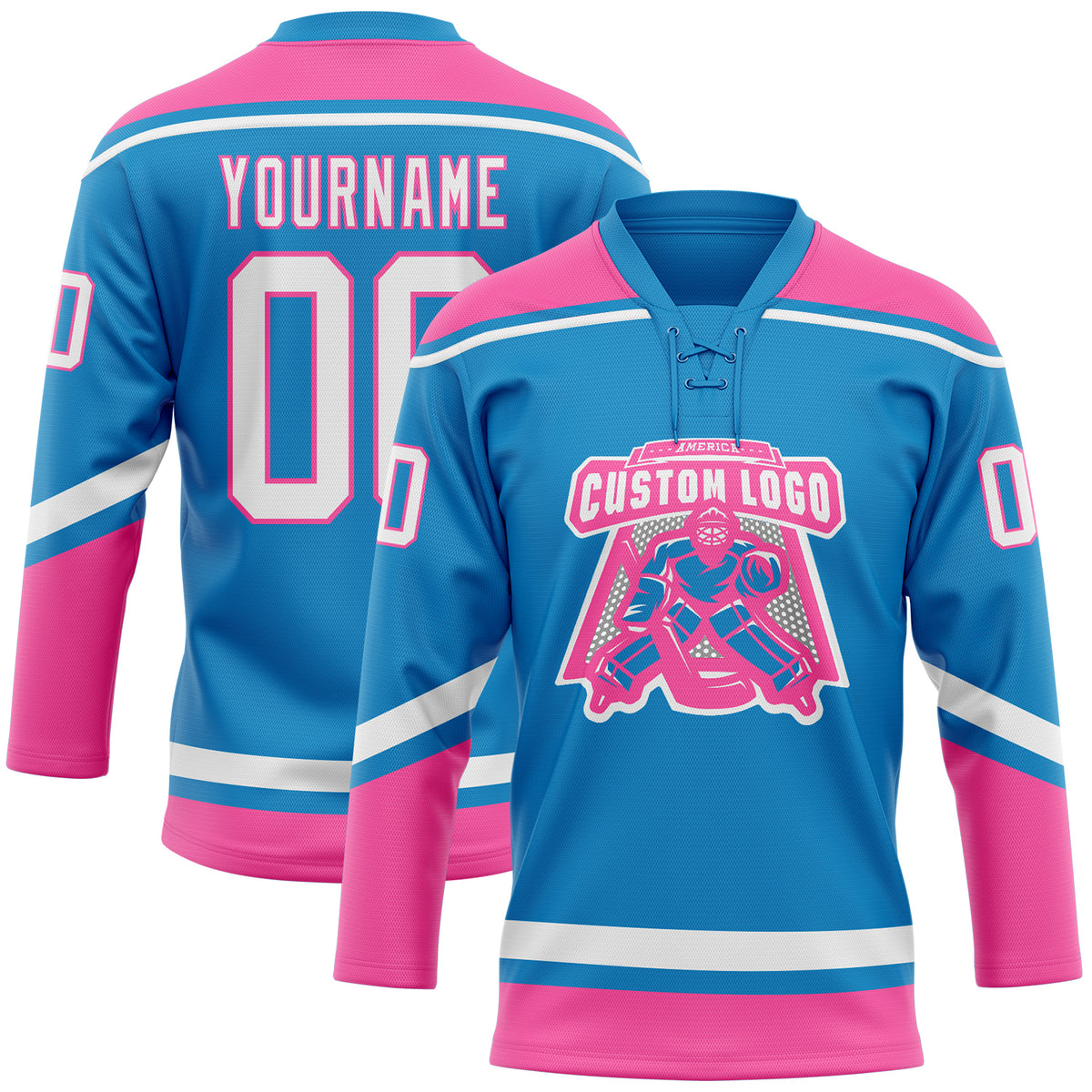Custom Powder Blue Pink Black-White Classic Style Hockey Jersey
