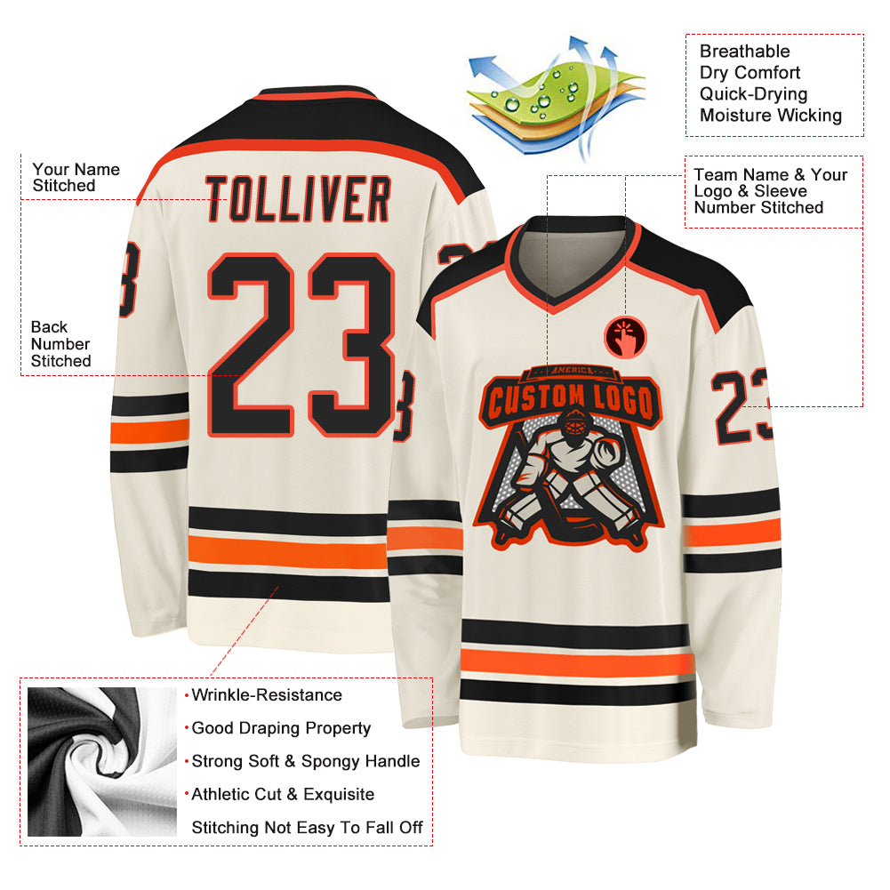 Custom Cream BlackOrange Hockey Jersey Free Shipping Fiitg