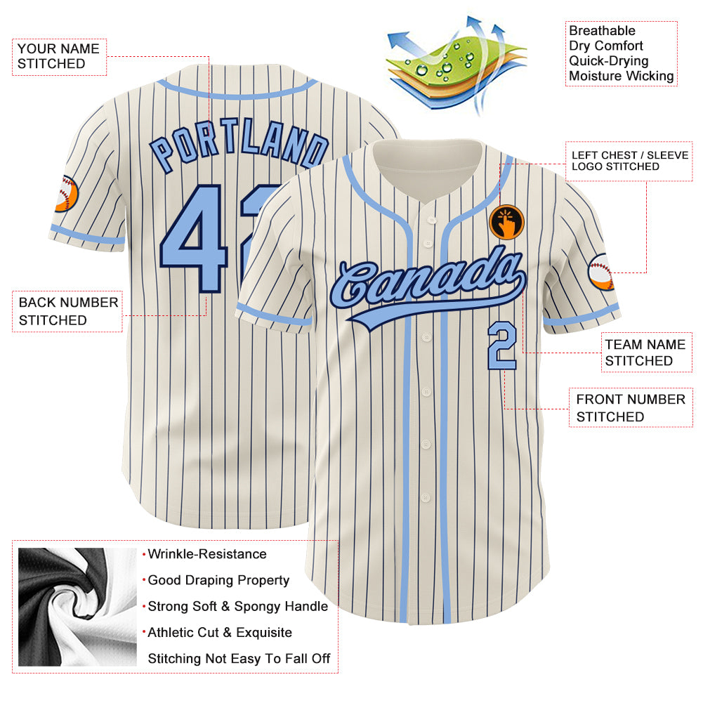 Custom Cream & Light Blue Navy Pinstripe Fan Baseball Jersey main image 0