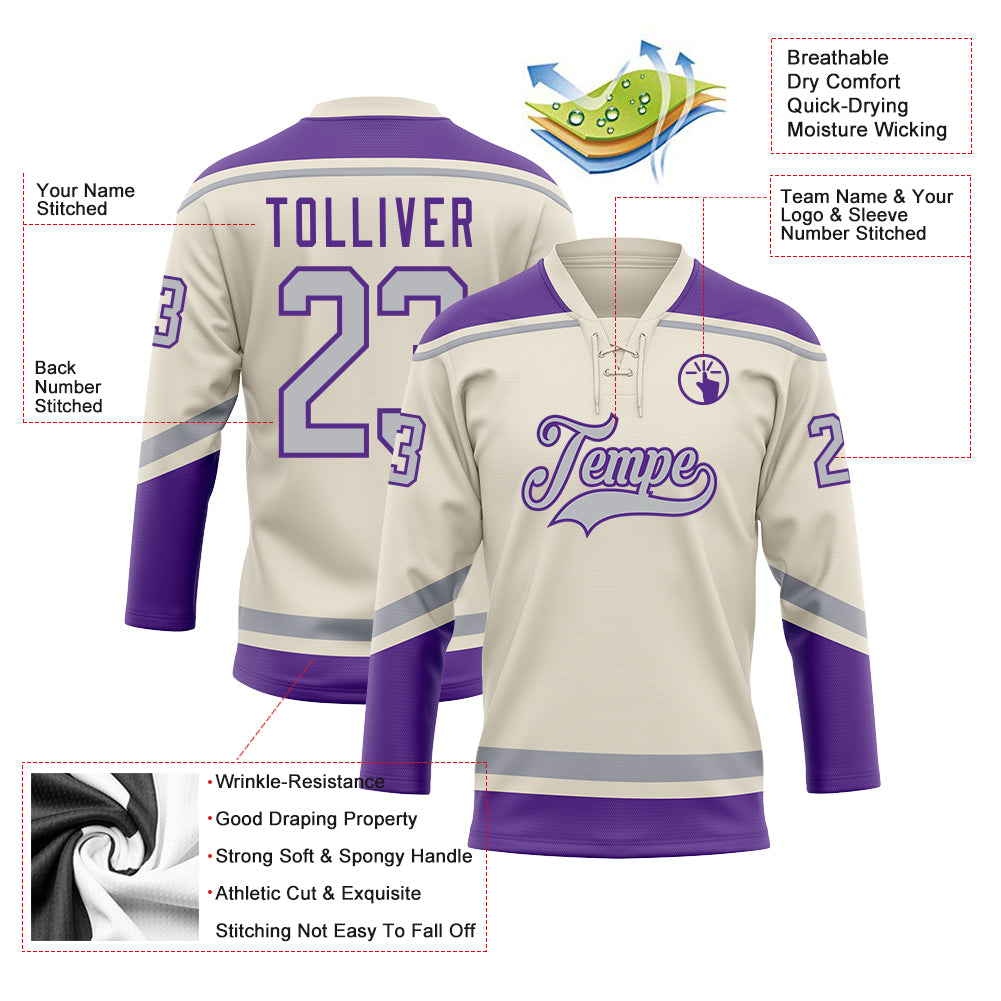 Custom Cream GrayPurple Hockey Lace Neck Jersey Free Shipping Fiitg