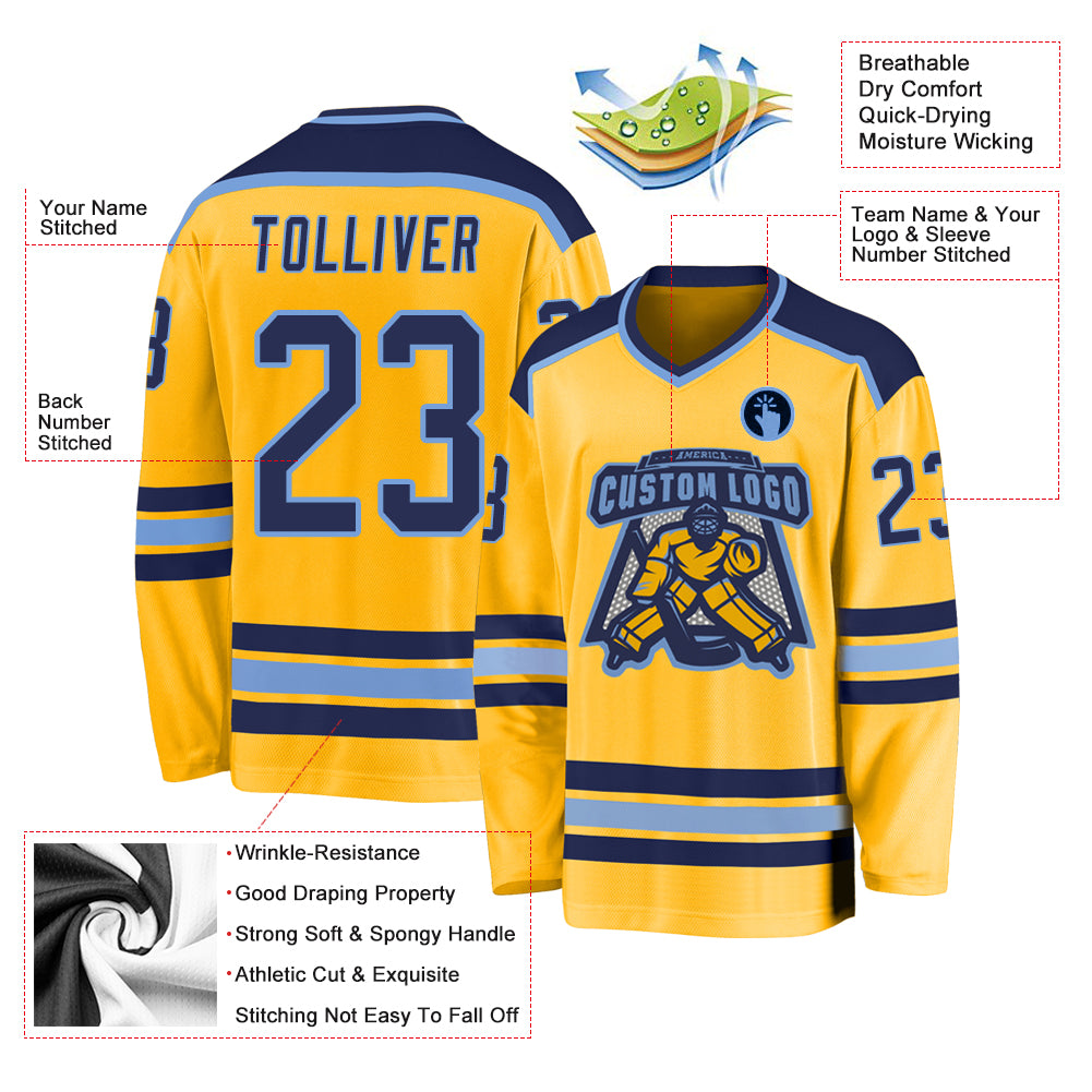 Custom Gold NavyLight Blue Hockey Jersey Free Shipping Fiitg