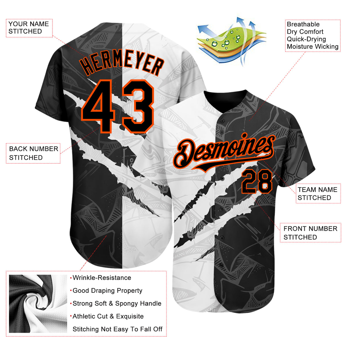 Custom Orange Orange-Black 3D Pattern Design Tiger Authentic Baseball Jersey Women's Size:3XL