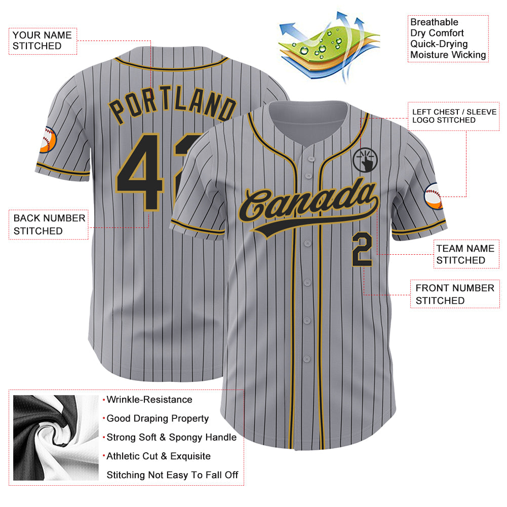 Custom Gray Black Pinstripe Black-Old Gold Authentic Baseball Jersey – Fiitg
