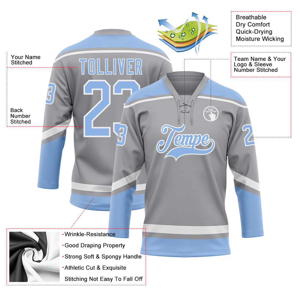 Custom Gray Navy White-Powder Blue Classic Style Hockey Jersey main image 0