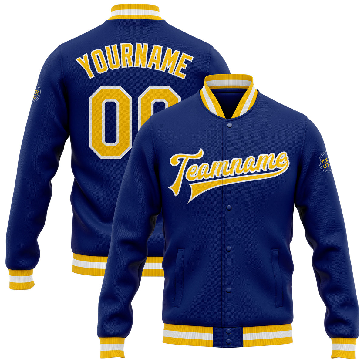 Custom Royal GoldWhite Bomber FullSnap Varsity Letterman Jacket Free