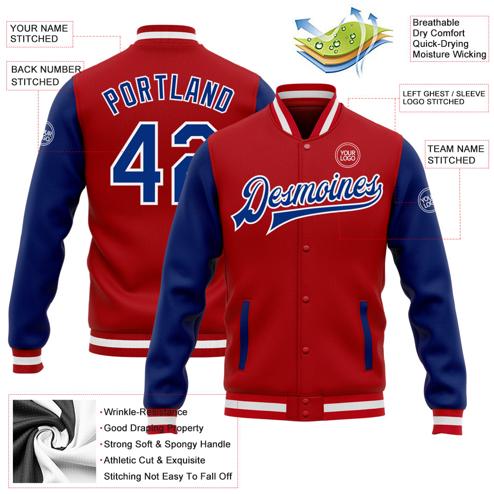 Custom Royal Gray-White Varsity Full-Zip Letterman Bomber Jacket main image 1
