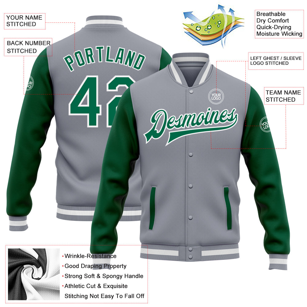 Custom Fluorescent Green White Varsity Full-Zip Raglan Sleeves Stripe Letterman Bomber Jacket