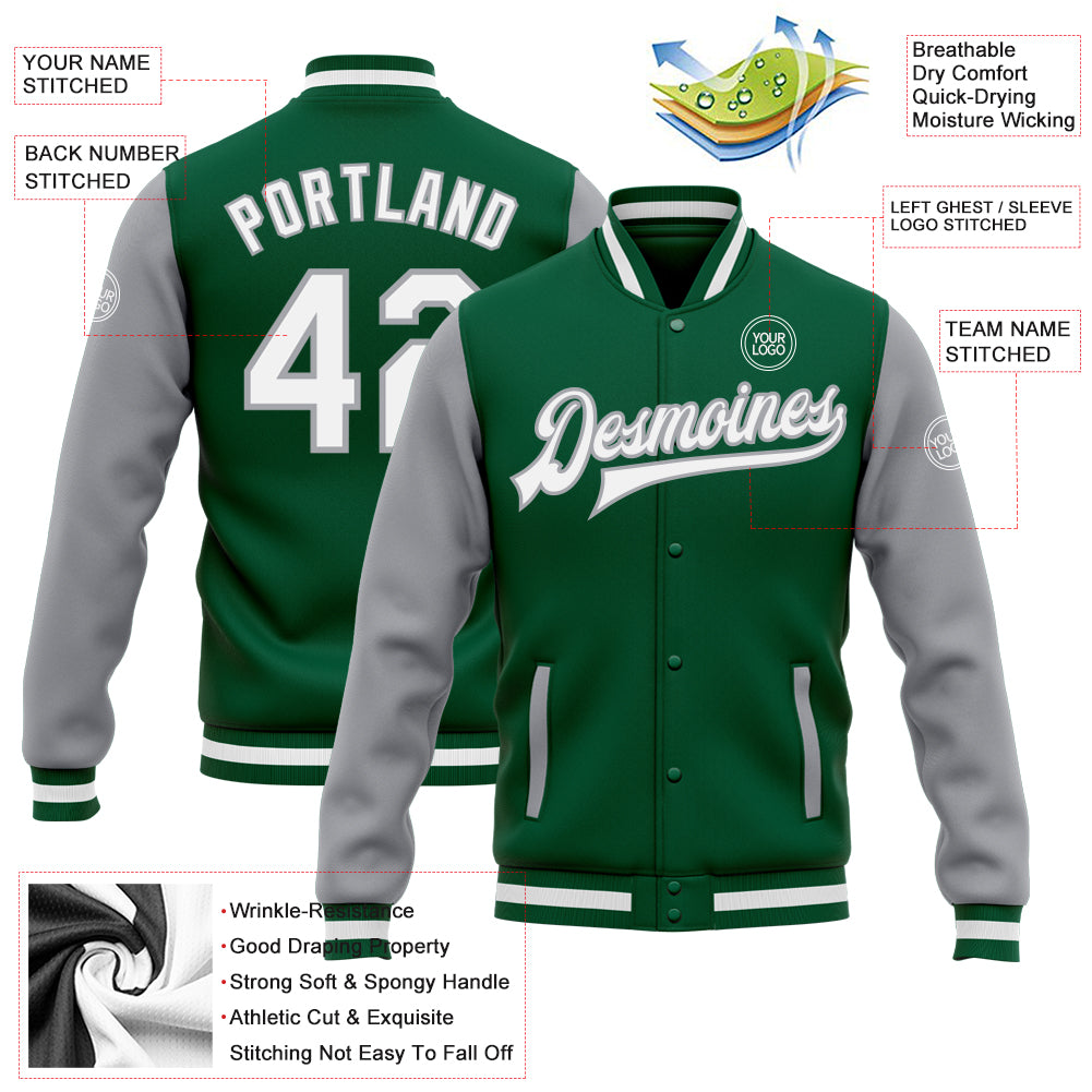 Custom Fluorescent Green White Varsity Full-Zip Raglan Sleeves Stripe Letterman Bomber Jacket main image 1