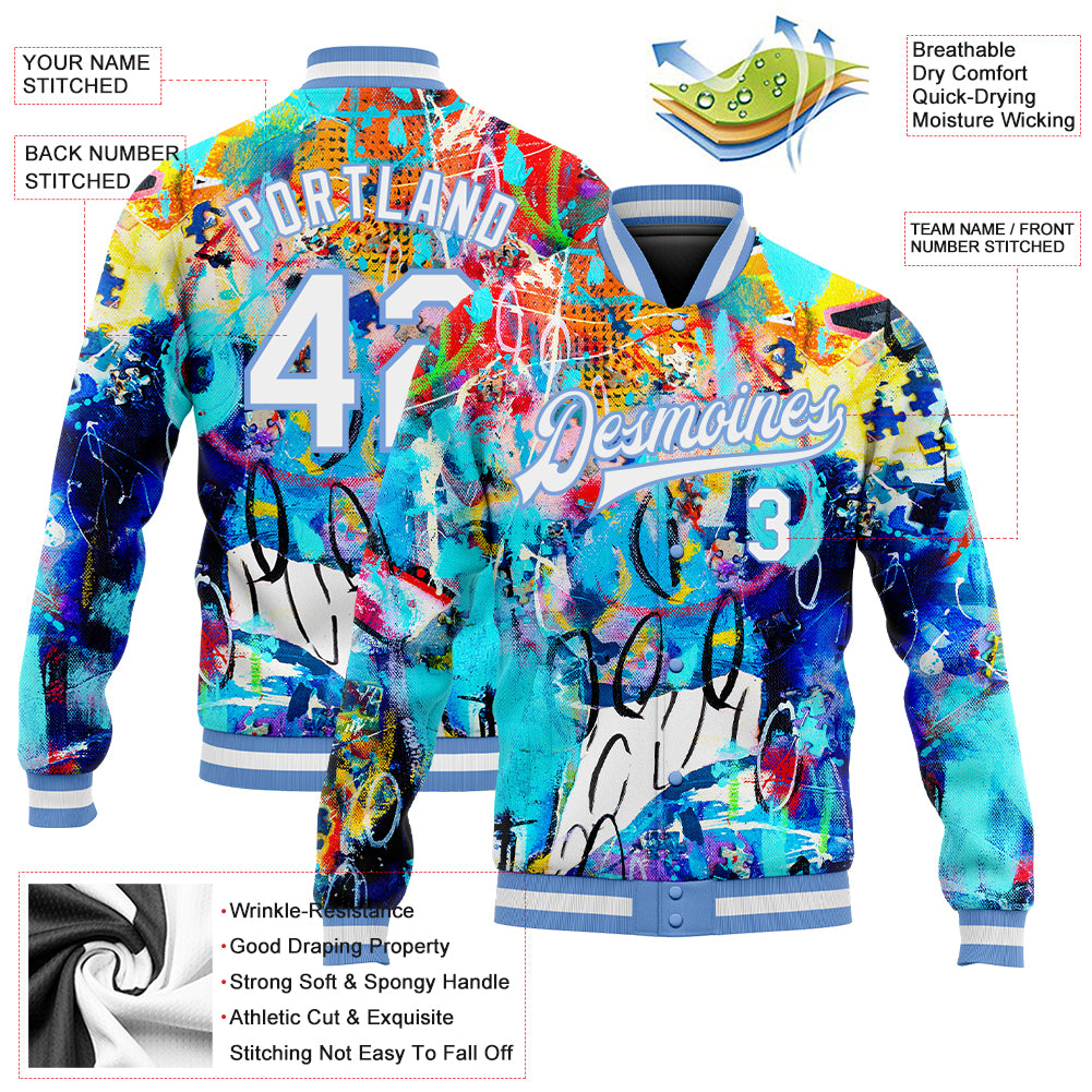 Custom Pink White Varsity Full-Zip Graffiti Pattern Letterman Bomber Jacket main image 0