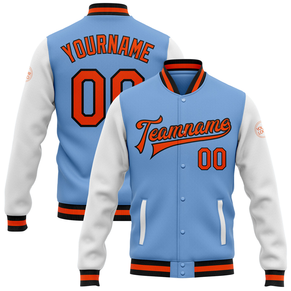 Custom Orange 3D Flame Varsity Full-Zip Letterman Bomber Jacket main image 1