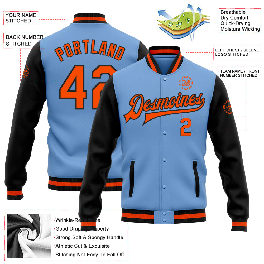 Custom Orange 3D Flame Varsity Full-Zip Letterman Bomber Jacket