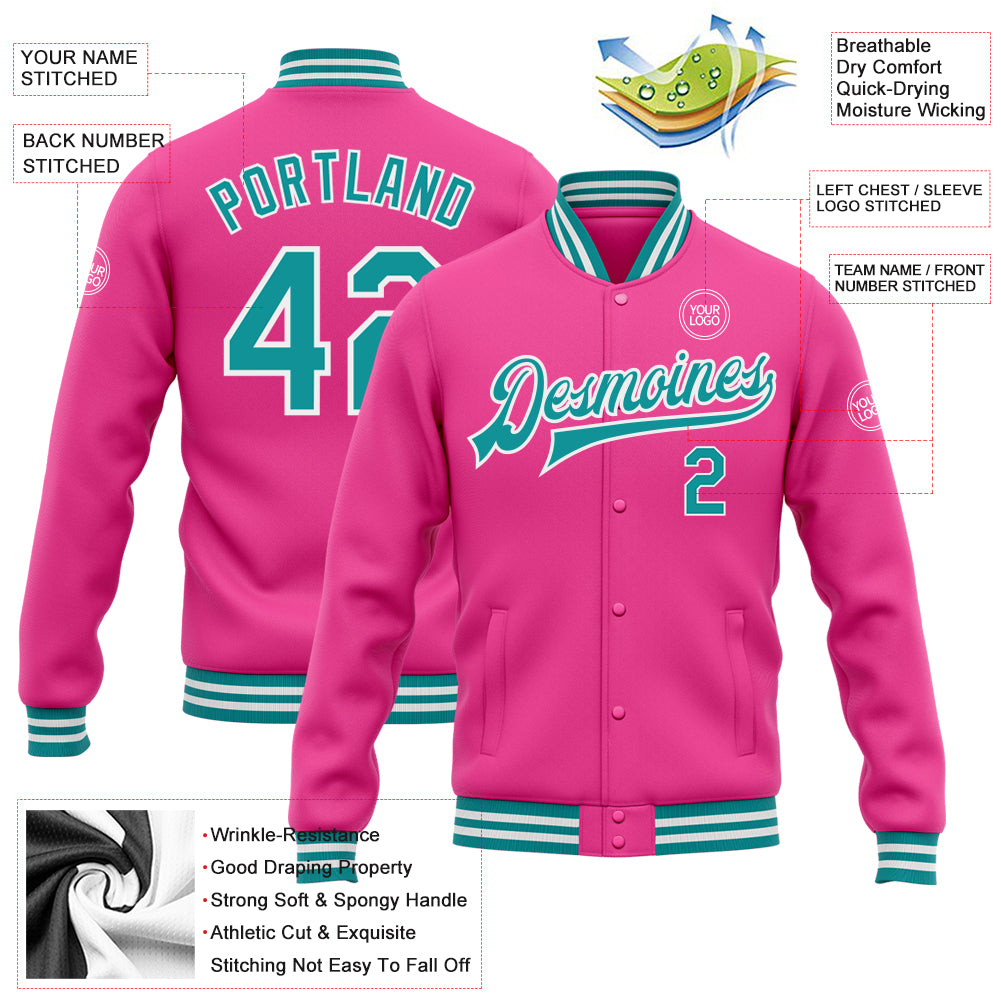Custom Navy Pink-White Varsity Full-Snap Color Block Letterman Jacket main image 0