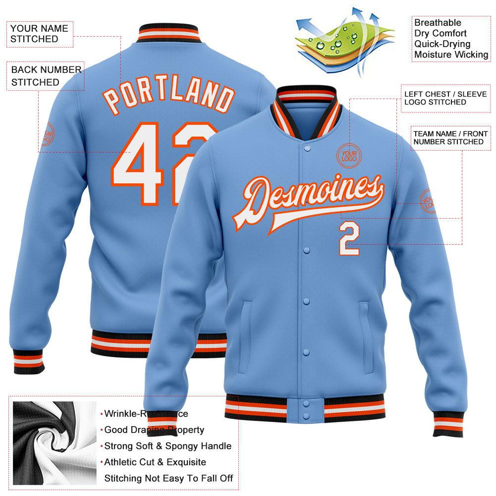 Custom Brown Orange-Khaki Color Block Varsity Full-Snap Bomber Jacket