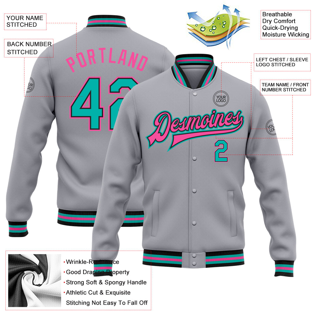 Custom Pink White Camo Varsity Full-Snap Letterman Bomber Jacket
