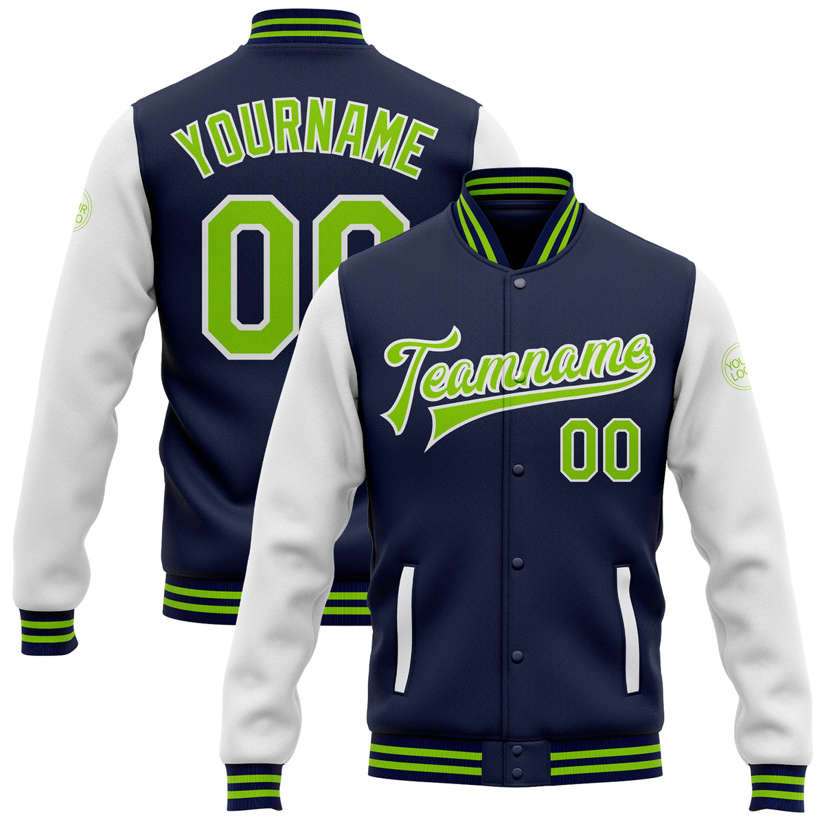 Custom Navy Neon Green White Bomber Full Snap Varsity Letterman Two 