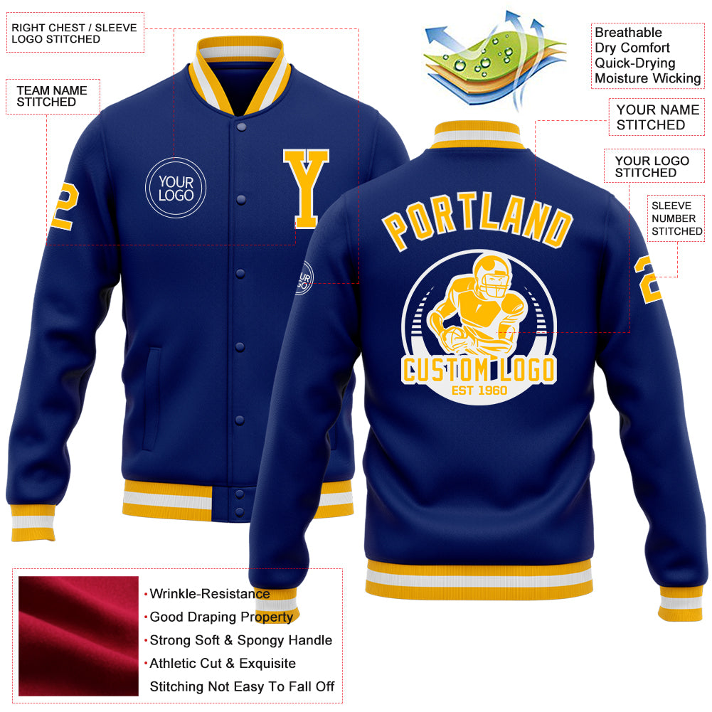 Custom Navy Crimson Gold Full-Snap Varsity Faux Leather Letterman Jacket